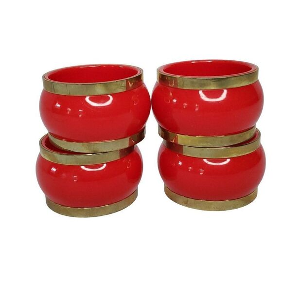 4 Vintage Round Circle Red Gold Tone Plastic Napkin Rings 1.25" W X 1.75" D - Picture 1 of 4